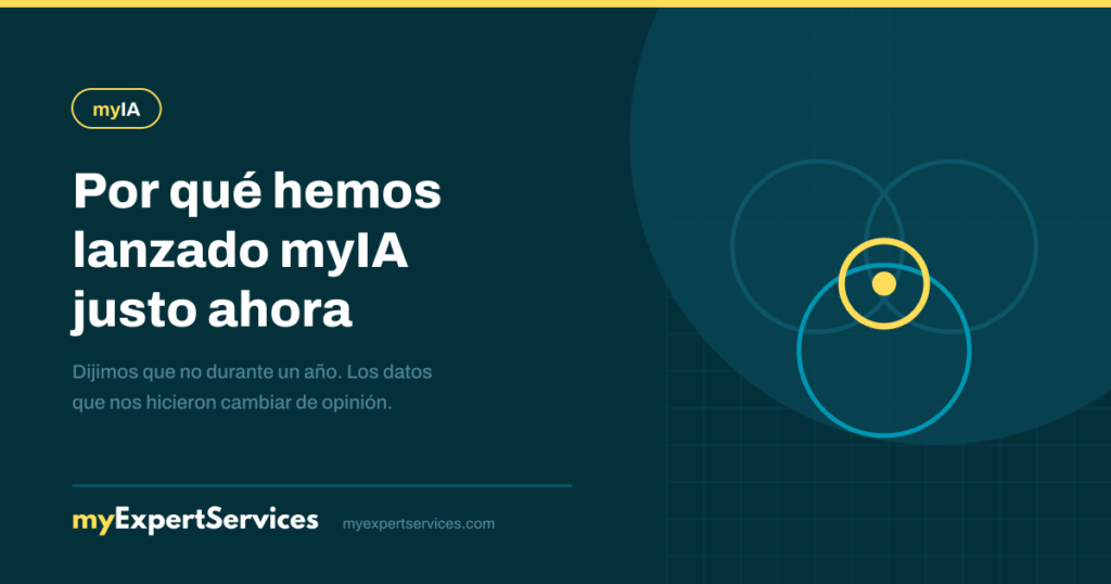 Tres círculos que convergen en un núcleo común, en amarillo y turquesa, marca myIA