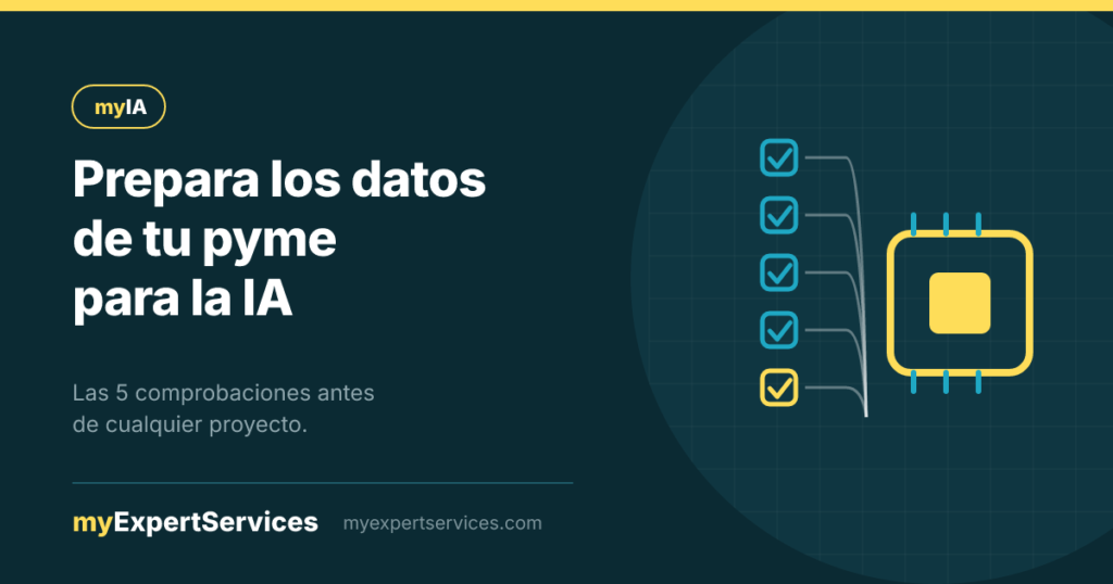 Cinco casillas de verificación que conducen a un nodo de IA en amarillo, marca myIA