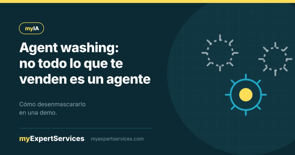 Tres engranajes etiquetados de los que solo uno es real, en amarillo y turquesa, marca myIA