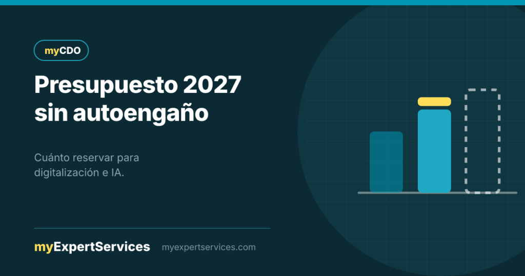 Tres barras de escenarios presupuestarios en turquesa con acento amarillo, marca myCDO