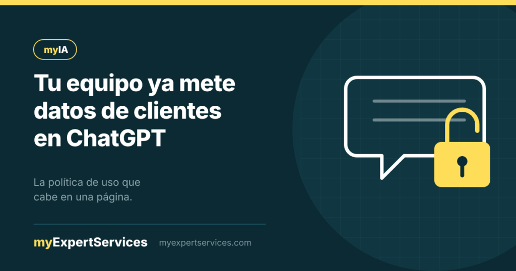 Burbuja de chat con un candado abierto en amarillo sobre fondo turquesa oscuro, marca myIA