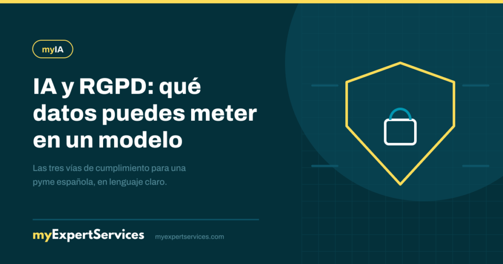 Escudo en amarillo con un candado y flujos de datos, marca myIA