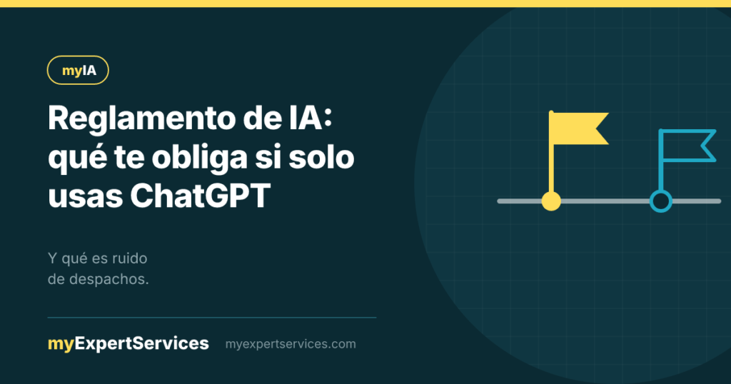 Línea de tiempo con un hito regulatorio activo en amarillo y otro futuro en turquesa, marca myIA
