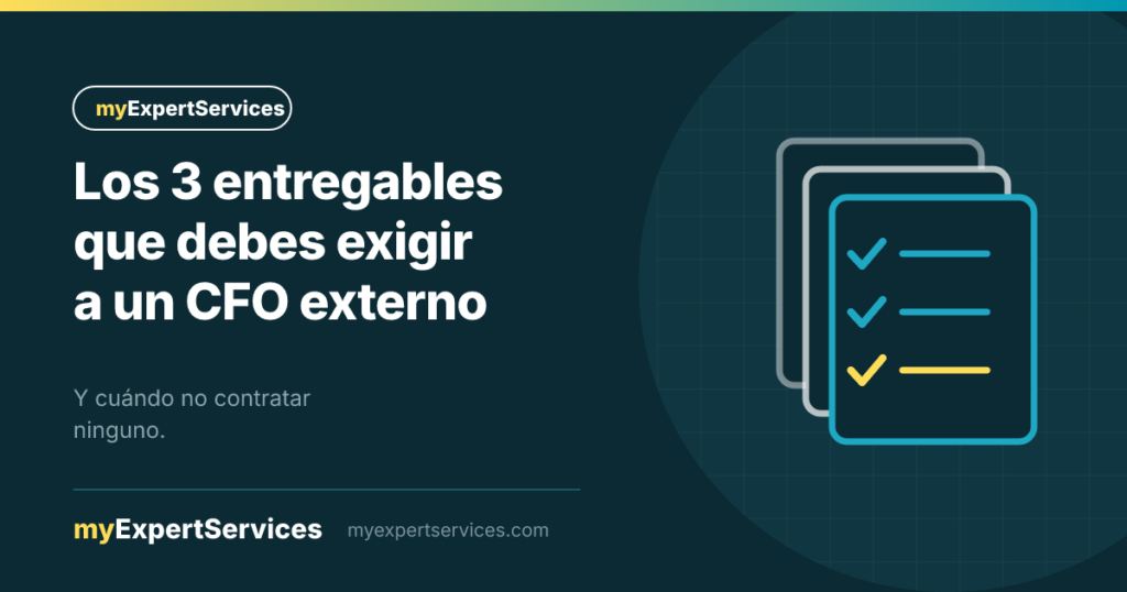 Tres documentos de entregables mensuales con marcas de verificación en turquesa y amarillo, marca MyExpertServices