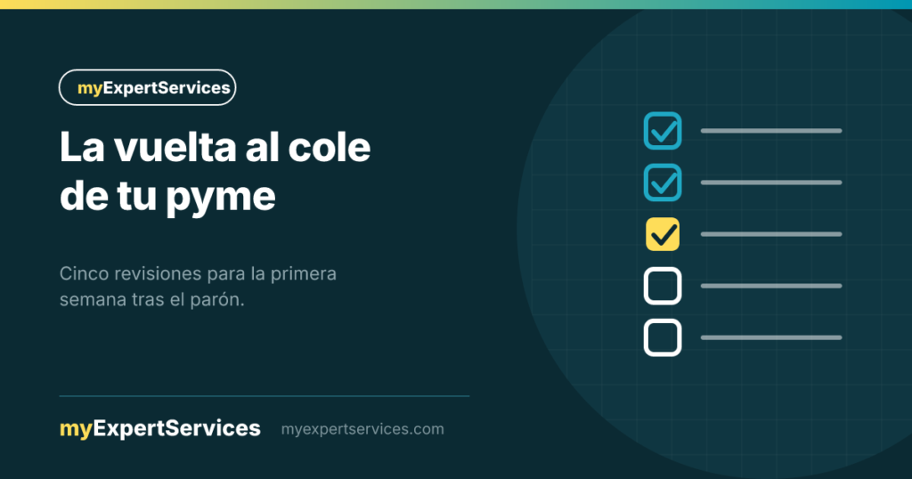Lista de cinco casillas con marcas de verificación en amarillo y turquesa sobre fondo turquesa oscuro, marca MyExpertServices